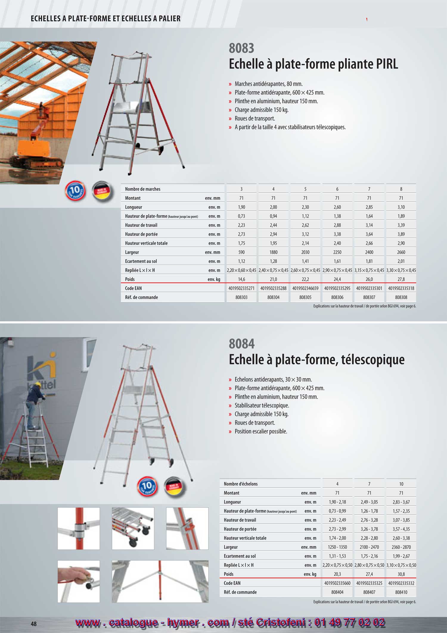 ECHELLES A PLATE-FORME ET ECHELLES A PALIER 



Échelle à plate-forme télescopique 

– Échelons antidérapants 30 x 30 mm. 
– Plate-forme antidérapante 600 x 425 mm. 
– Plinthe en aluminium hauteur 150 mm. 
– Stabilisateurs télescopiques à partir de la taille. 
– Charge admissible 150 kg. 
– Roulettes de transport. 
– Installation en dénivelé intégrée. 
8084 
5 ans de garantie ! 
S 


Nombre de marches 4 710 
Montant env. mm 7171 71 
Longueur env. m 1,90 - 2,18 2,49 - 3,05 2,83 - 3,67 
Haut. vert. (haut. jusqu‘à la plate-forme) env. m 0,73 - 0,99 1,26 - 1,78 1,57 - 2,35 
Hauteur de travail env. m 2,23 - 2,49 2,76 - 3,28 3,07 - 3,85 
Hauteur de portée env. m 2,73 - 2,99 3,26 - 3,78 3,57 - 4,35 
Hauteur verticale env. m 1,74 - 2,00 2,28 - 2,80 2,60 - 3,38 
Largeur env. mm 1250 - 1350 2100 - 2470 2360 - 2870 
Écartement env. m 1,31 - 1,53 1,75 - 2,16 1,99 - 2,67 
Repliée long. x larg. x haut. env. m 2,20 x 0,75 x 0,50 2,80 x 0,75 x 0,50 3,10 x 0,75 x 0,50 
Poids env. kg 20,3 27,4 30,8 